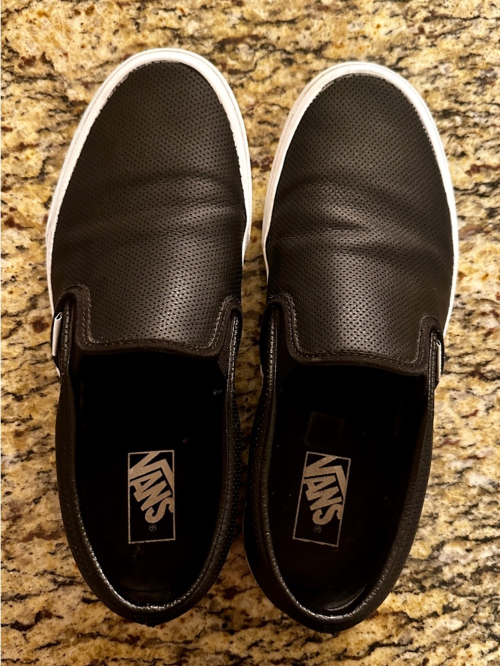 Vans Black Perforated Leather Slip-On Sneakers with White Sole